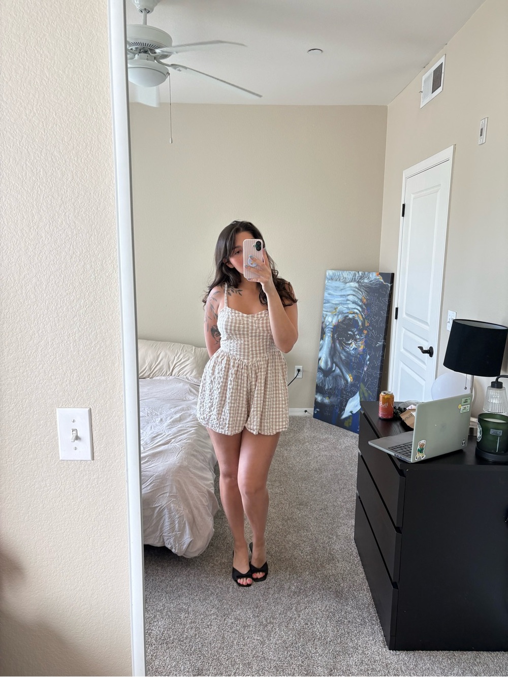 Beige Gingham Smocked Romper